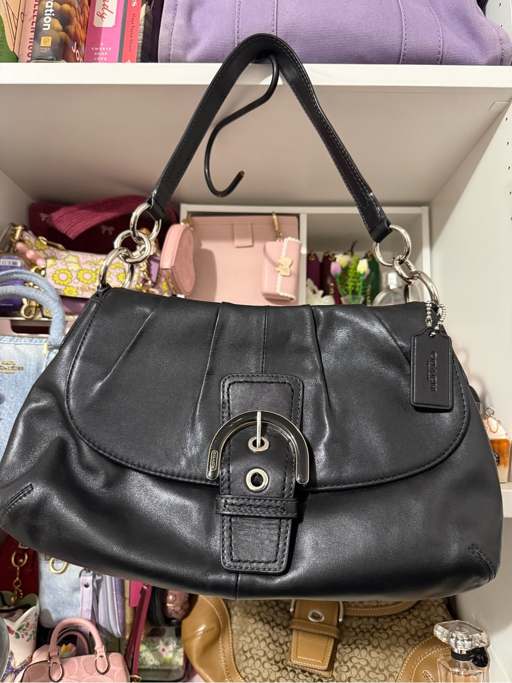 Coach Black Leather Shoulder Bag with Polished Buckle